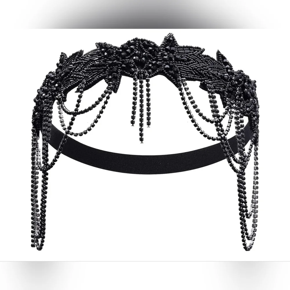 Elegant Black Beaded Headband‎